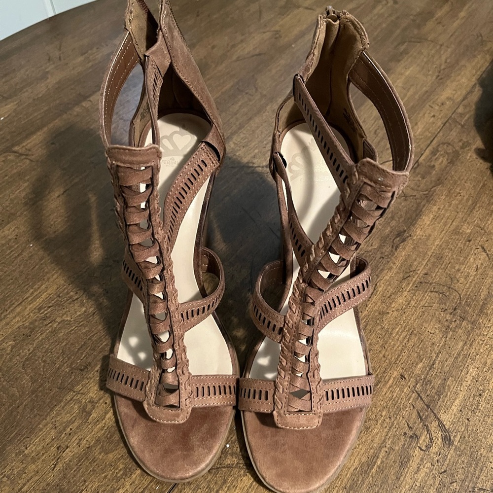Dark brown high heeled gladiator sandals. Worn just around the house